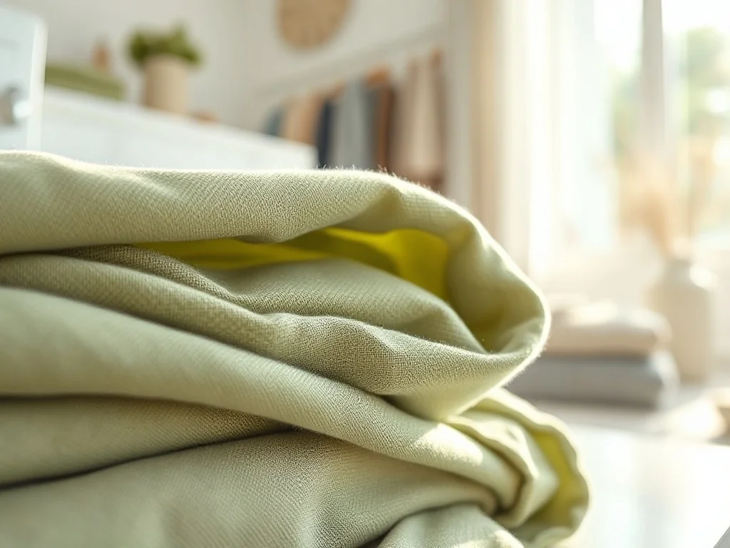 Złożony, miękki materiał Tencel o eleganckim splocie w jasnym, minimalistycznym wnętrzu pralni.