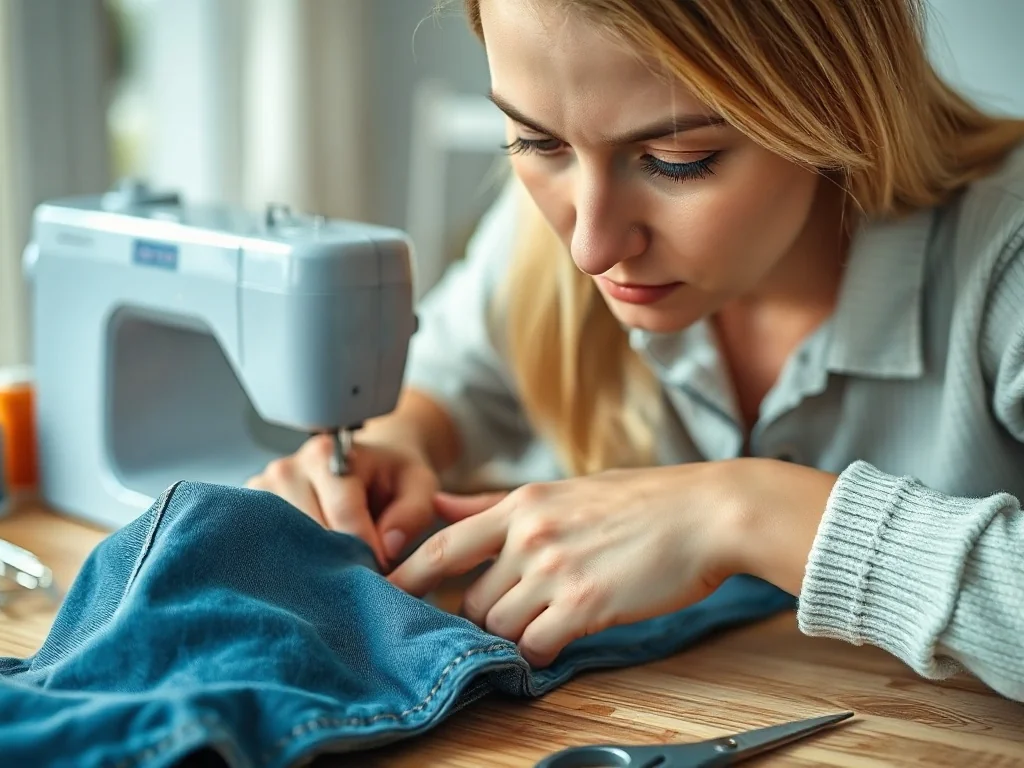 Kobieta precyzyjnie podwija i zszywa nogawkę niebieskich jeansów na drewnianym stole.