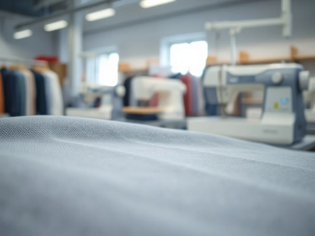 Zbliżenie na fakturę tkaniny poliestrowej w profesjonalnej pracowni krawieckiej. Widoczne detale syntetycznych włókien.